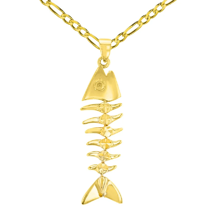 women twisted chain necklaces -Solid 14K Yellow Gold Dangling Fishbones Pendant with Figaro Chain Necklace