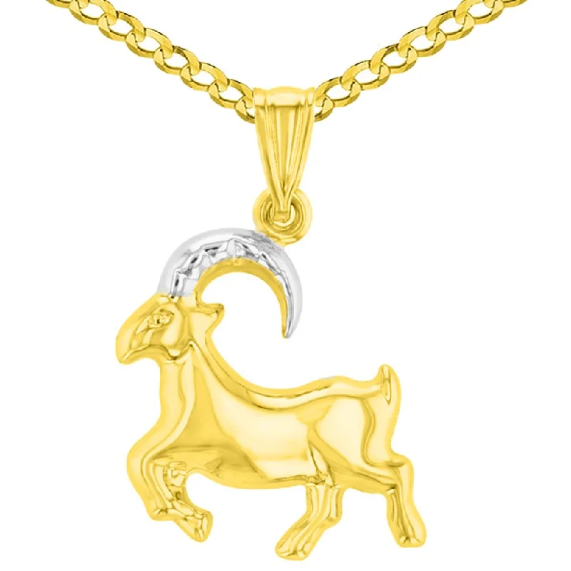 women round pendant necklaces -High Polish 14K Yellow Gold Capricorn Zodiac Sign Charm Pendant Cuban Chain Necklace