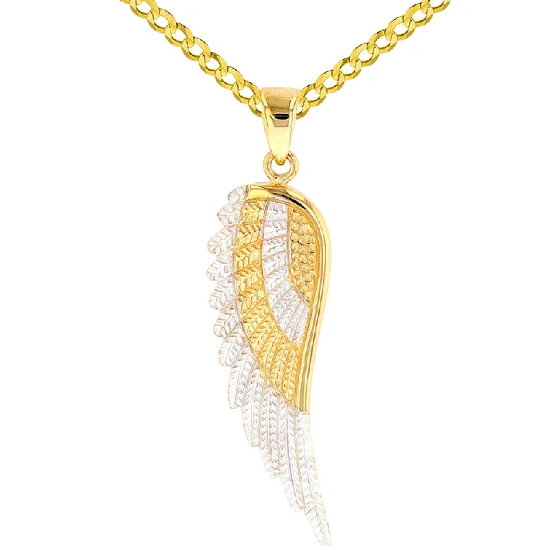 women flower necklaces -Solid 14k Yellow Gold Textured Angel Wing Charm Pendant with Cuban Curb Chain Necklace