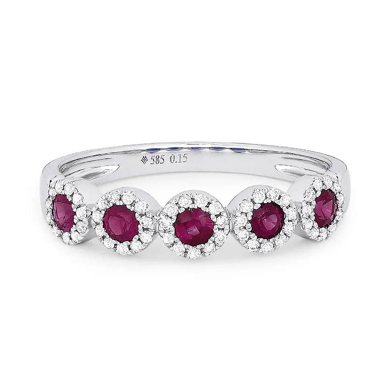 women wide band wedding rings -14K White Gold,ruby Ring