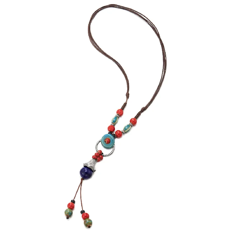 women heart-shaped necklaces -Brown Statement Necklace Red Blue Green Ceramic Beads String Y-Shape Drop Dangle Pendant