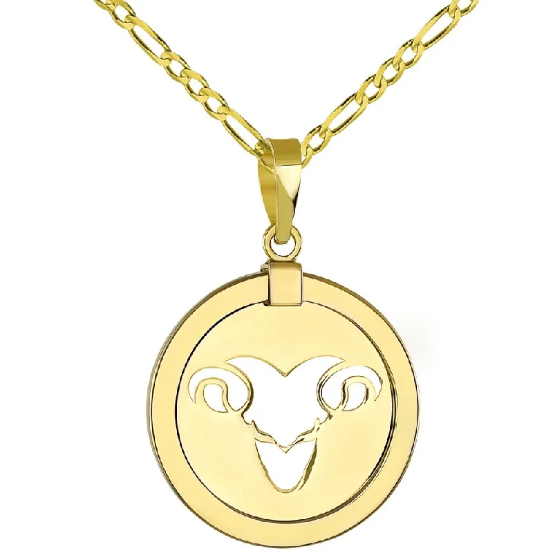 women wedding day necklaces -14K Yellow Gold Reversible Round Ram Aries Zodiac Sign Pendant with Figaro Chain Necklace