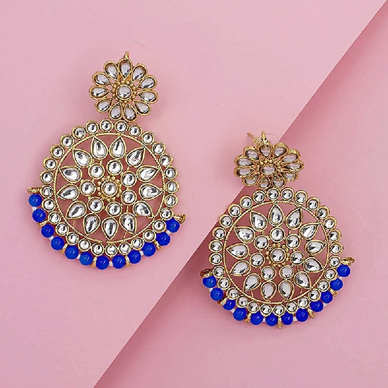 women clip-on earrings -Etnico 18K Gold Plated Chandbali Earrings Glided With Kundans For Women/Girls (E2462Bl)