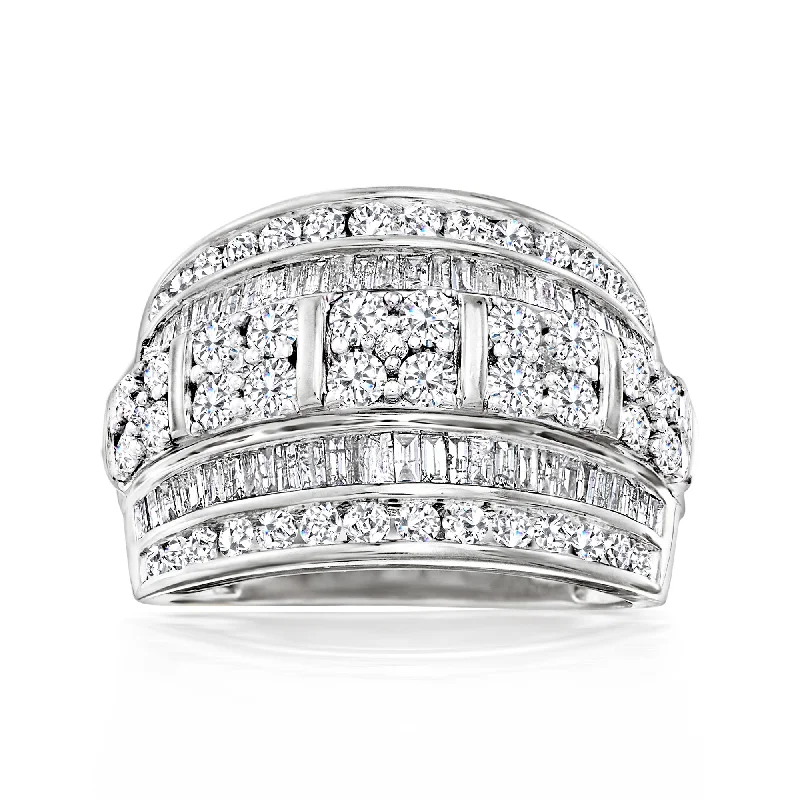 women diamond solitaire engagement rings -Ross-Simons Round and Baguette Diamond Multi-Row Ring in Sterling Silver