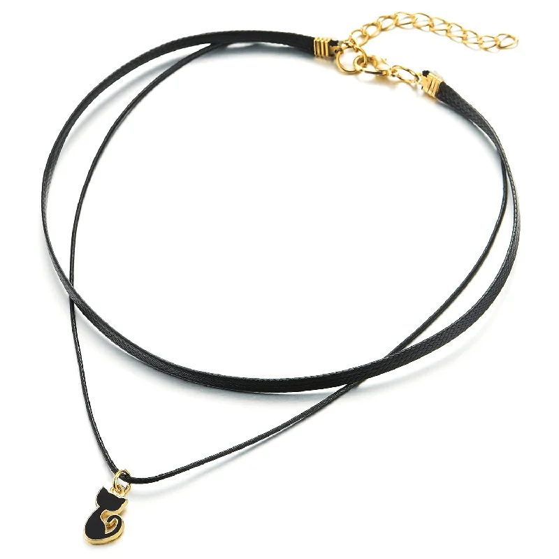 women modern necklaces -Ladies Black Choker Necklace with Dangling Black Enamel Kitty Cat Charm Pendant