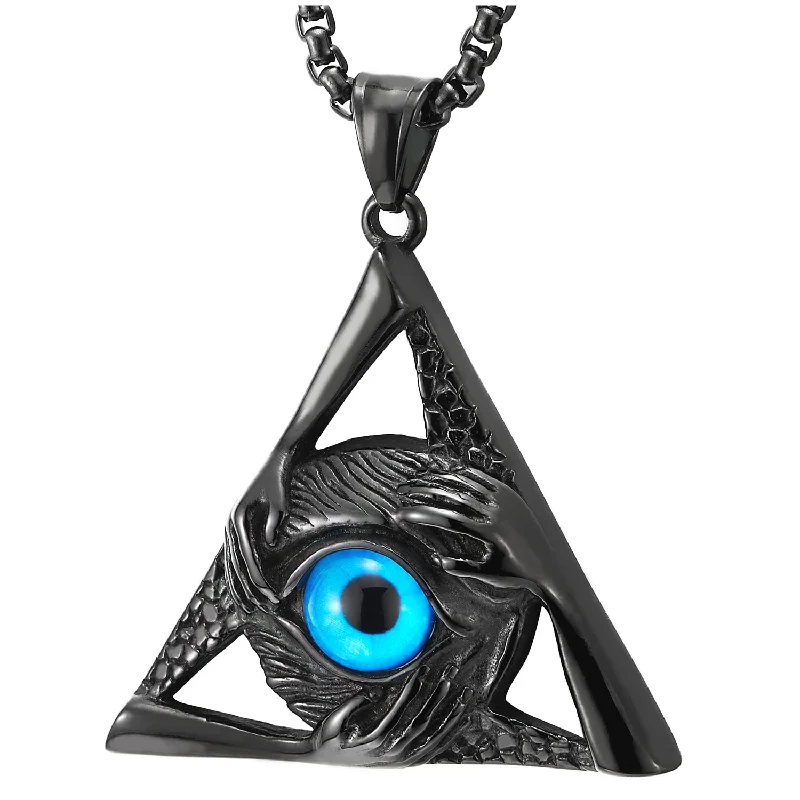 women pearl necklaces -Steel Black Evil Eye Protection Hands Triangle Pendant Necklace for Men Women 30 Inch Wheat Chain