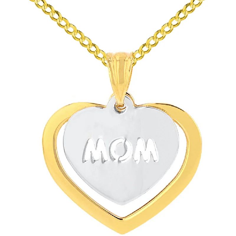 women simple pendant necklaces -Solid 14K Two-Tone Gold Double Heart with Mom Pendant Necklace