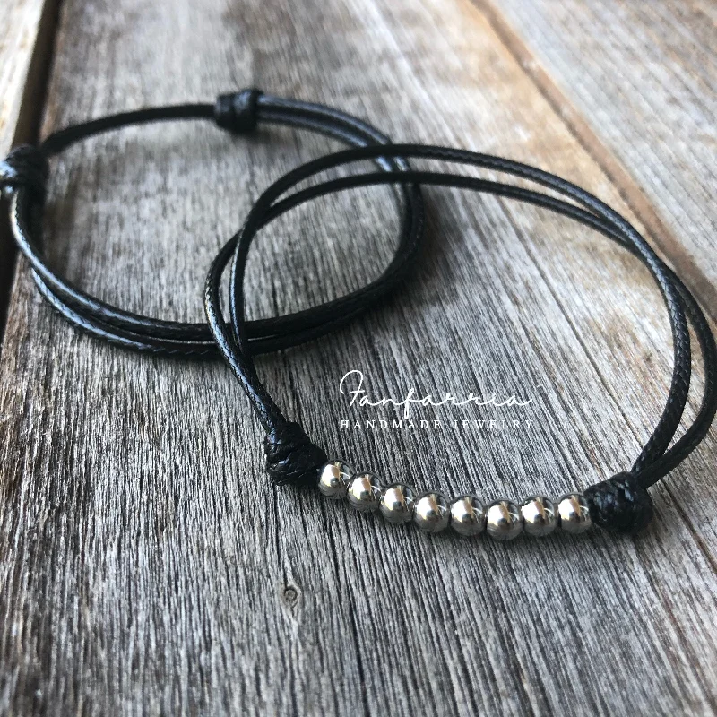 women antique bracelets -Minimalist Black Couples Silver Bead Bracelets