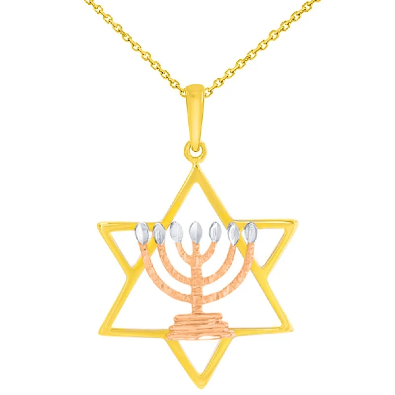 women ruby necklaces -14K Yellow Gold and Rose Gold Jewish Star of David with Menorah Pendant Necklace