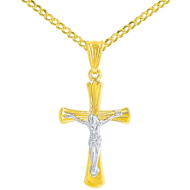 women gold plated necklaces -High Polish 14K Two Tone Gold Textured Cross Passion Crucifix Pendant Necklace