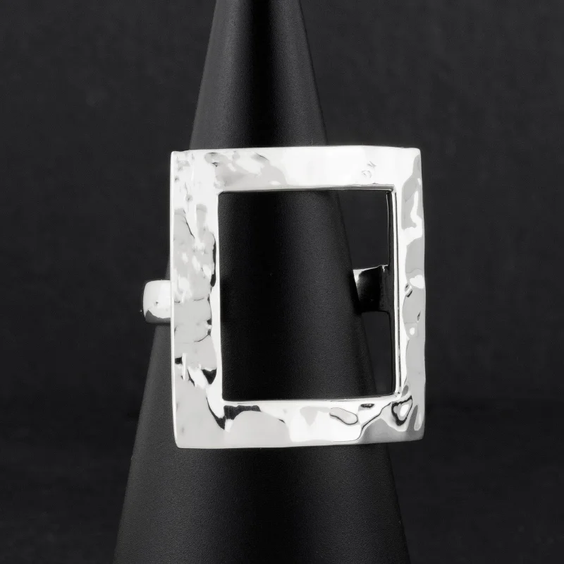 women stackable rings -Large Hammered Silver Open Square Statement Ring