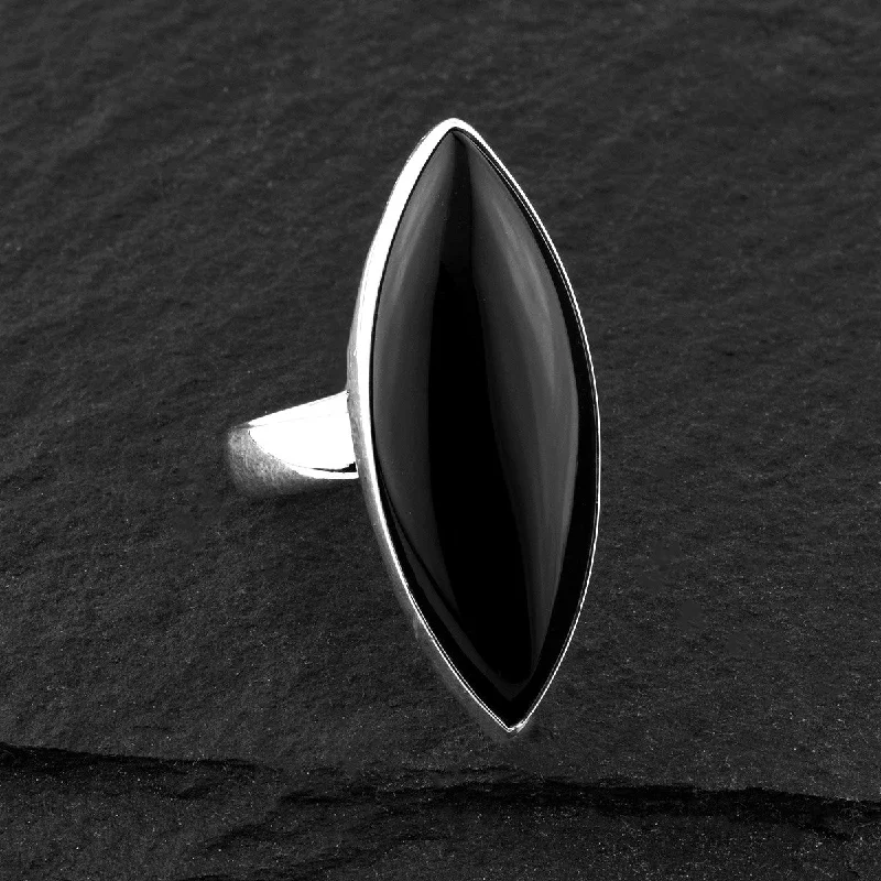 women large rings -Elongated Black Onyx Stone Marquise Ring