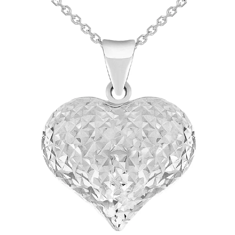 women monogram necklaces -14k White Gold Sparkle Cut Puffed Heart Charm Pendant Necklace