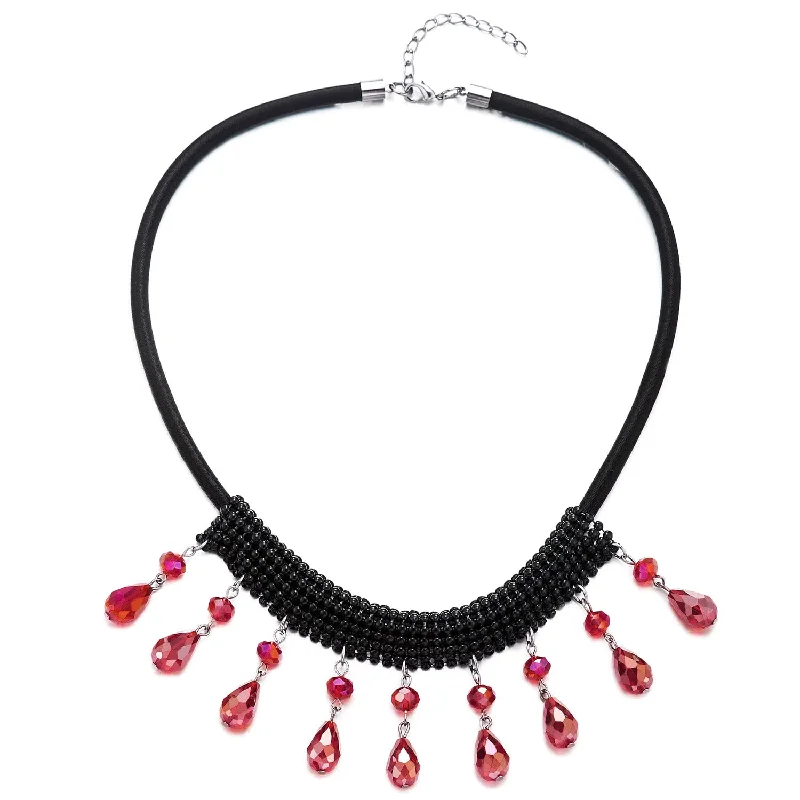 women eco-friendly necklaces -Black Choker Bib Collar Necklace with Dangling Shinny Red Crystal Beads Tassel Pendant