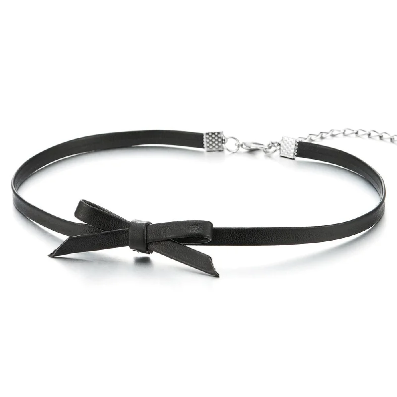 women halo necklaces -Ladies Black Leather Bow Choker Necklace Pendant