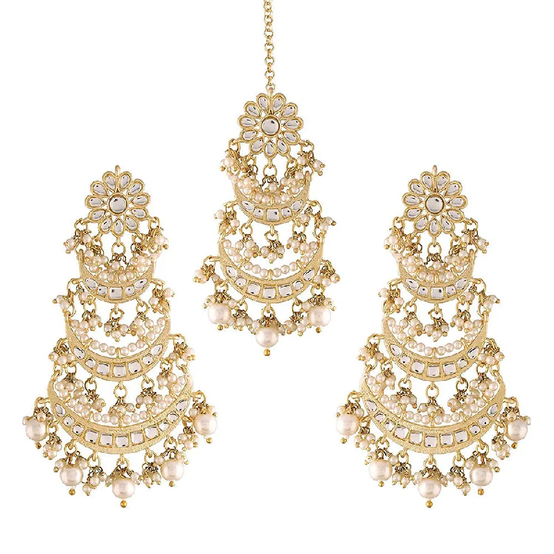 women chic dangling earrings -Etnico 18k Gold Plated 3 Layered Pearl Kundan Chandbali Earrings with Maang Tikka for Women (TE2859)