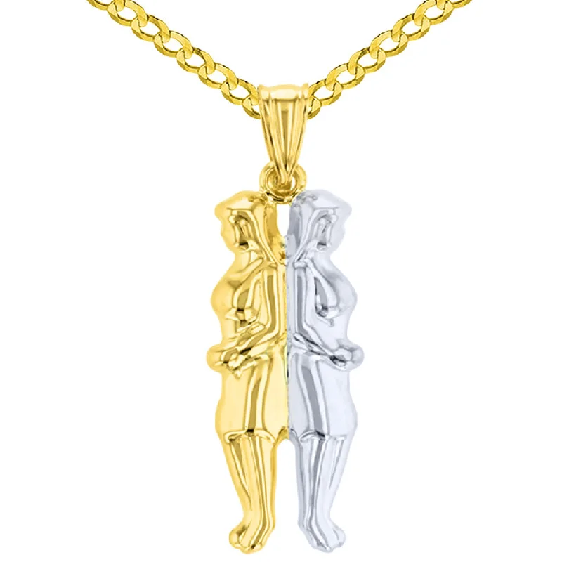 women simple pendant necklaces -High Polish 14K Yellow Gold Gemini Pendant Zodiac Sign Charm Cuban Chain Necklace