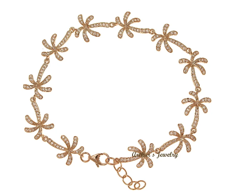 women floral bracelets -ROSE GOLD PLATED 925 SILVER HAWAIIAN PALM TREE LINK BRACELET CZ 7.5 INCH