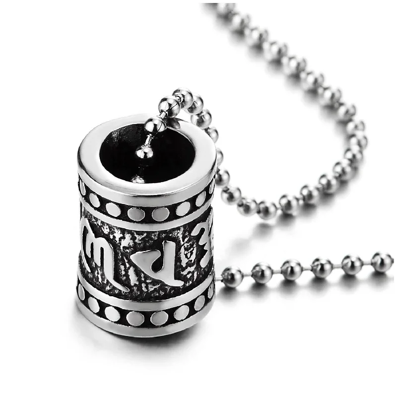 women trendy necklaces -Mens Women Steel Vintage Tibetan Sanskrit Letter Tunnel Pendant Necklace with 23.6 inches Ball Chain