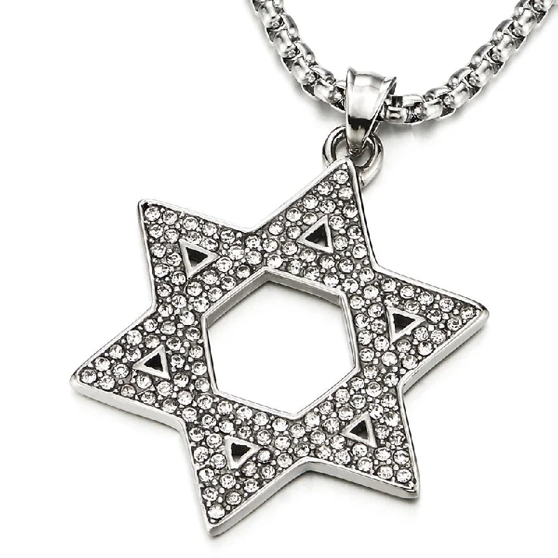 women long pendant necklaces -Mens Women Large Star-of-David Pendant Necklace with Cubic Zirconia, Stainless Steel