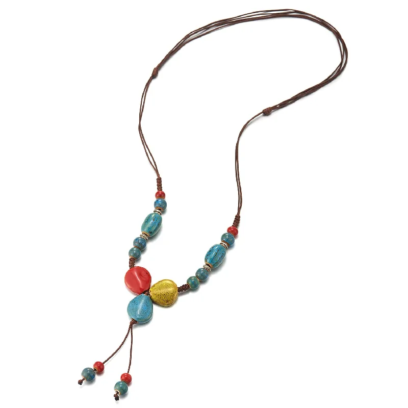 women monogram necklaces -Brown Statement Necklace Oxidized Red Blue Yellow Ceramic Beads String Y-Shape Drop Dangle Pendant