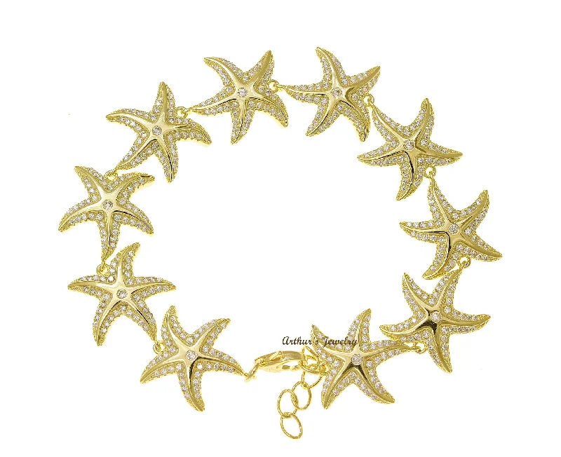 women pearl chain bracelets -YELLOW GOLD PLATED 925 STERLING SILVER HAWAIIAN SEA STARFISH BRACELET CZ 7 INCH