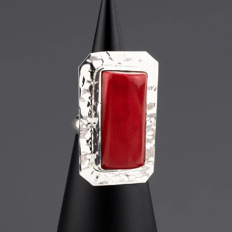 women chic rings -Chunky Silver and Red Coral Rectangle Ring