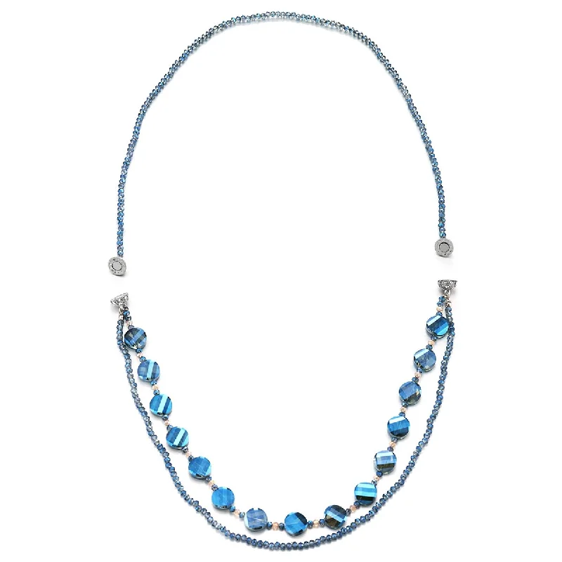 women adjustable necklaces -COOLSTEELANDBEYOND Crystal Beads Necklace, Long Blue Crystal Chain with Cubic Zirconia and Magnetic Clasp Detachable into Two Pieces