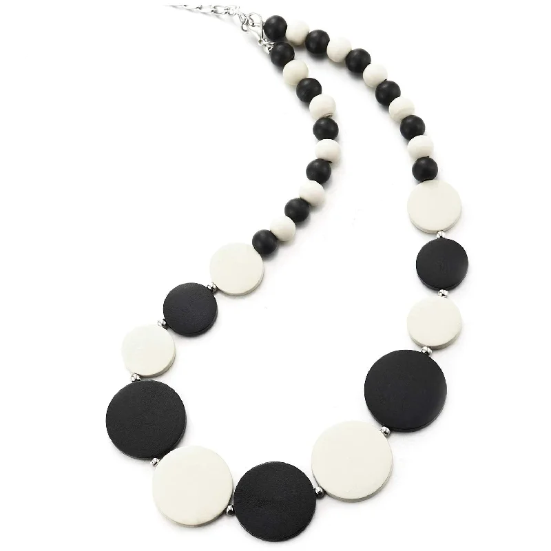 women link necklaces -Black White Wood Circle Disc Beads Chain Choker Collar Statement Necklace, Dress Party Event, Unique