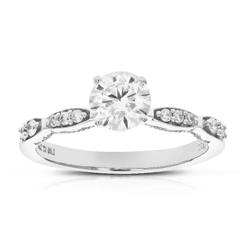 women engraved wedding bands -1 cttw Round Lab Grown Diamond Engagement Ring 11 Stones 14K White Gold Prong Set 3/4 Inch