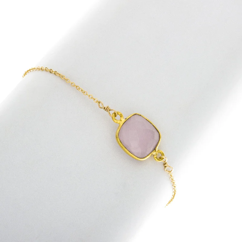 women charm bracelets -Medium Square Rose Quartz Bezel Gemstone Bracelete - BR216