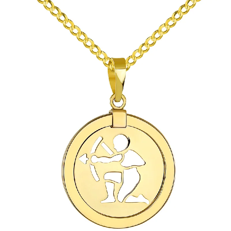 women vintage necklaces -14K Yellow Gold Reversible Round Sagittarius Zodiac Sign Pendant with Cuban Chain Necklace