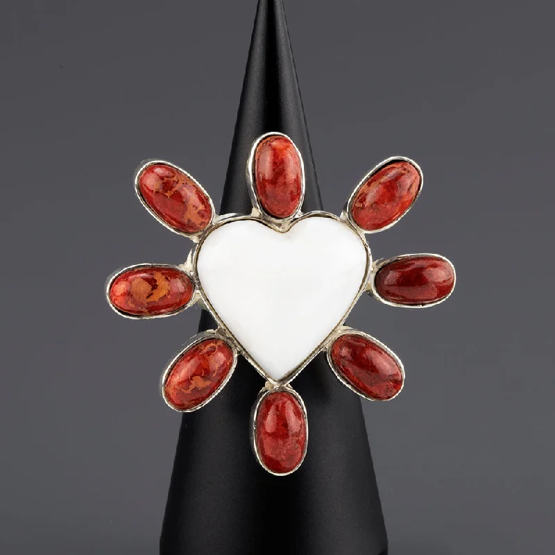 women custom rings for women -Chunky Coral and Pearl Heart Statement Ring