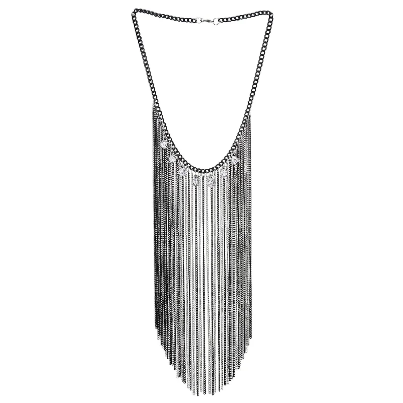 women unique necklaces -Bohemian Silver Black Collar Necklace Multi-Layer Cubic Zirconia Chains Waterfall Tassel Pendant Bib