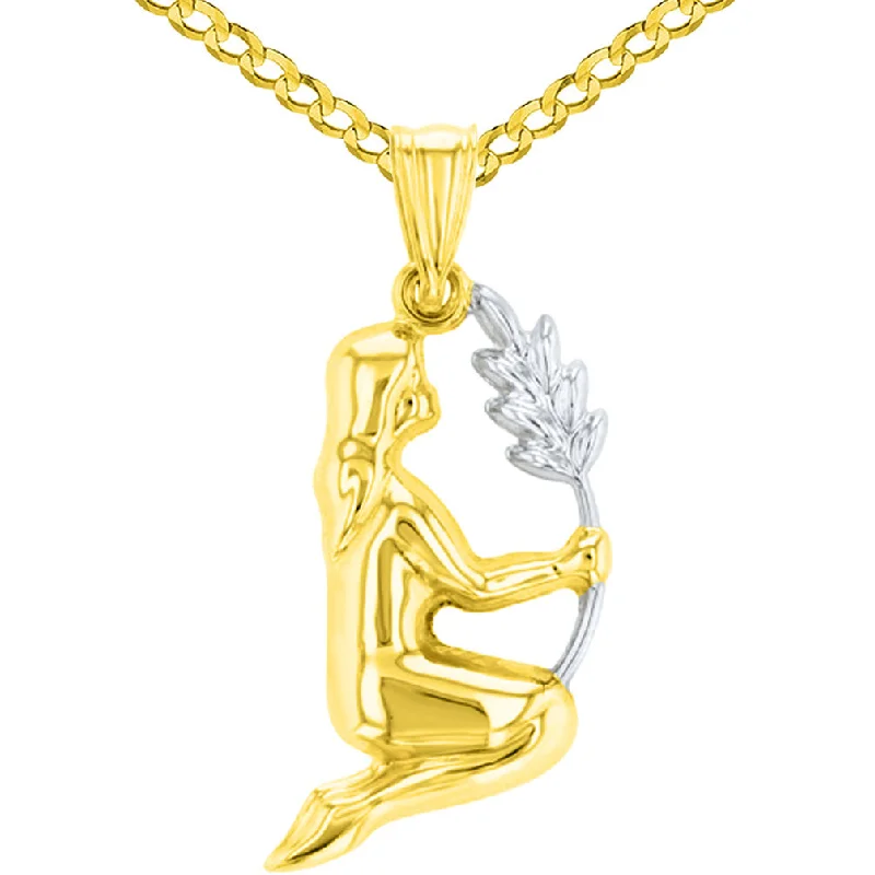 women butterfly pendant necklaces -High Polish 14K Yellow Gold Virgo Maiden Holding Wheat Zodiac Sign Charm Pendant Cuban Chain Necklace