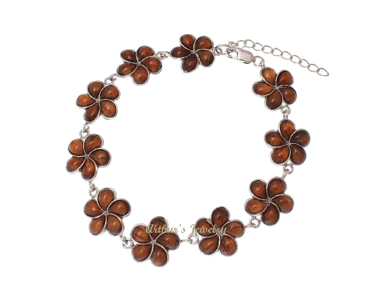 women custom gemstone bracelets -GENUINE INLAY HAWAIIAN KOA WOOD PLUMERIA FLOWER LINK BRACELET 925 SILVER 14MM