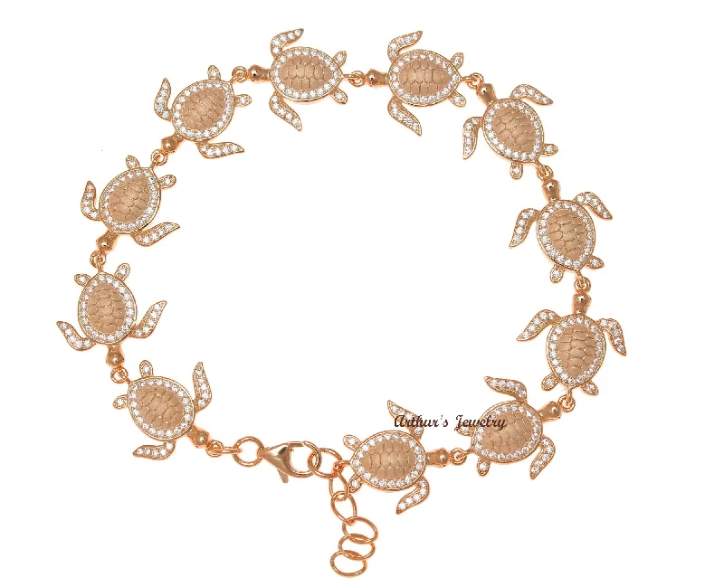 women custom charm bracelets -ROSE GOLD PLATED SOLID 925 SILVER HAWAIIAN SEA TURTLE LINK BRACELET CZ 7.5 INCH