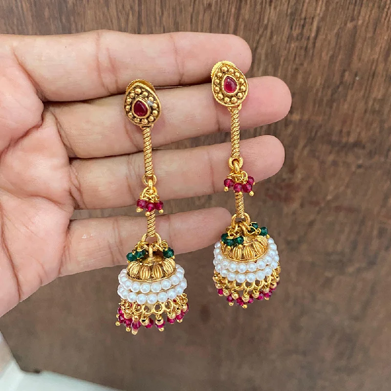 women gem earrings -Joyful Jewel Art Matte Gold Plated Pota Stone Jhumki Earrings