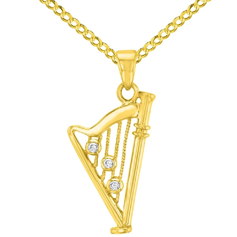 women infinity necklaces -Solid 14K Yellow Gold CZ Harp Charm Musical Instrument Pendant with Cuban Chain Necklace