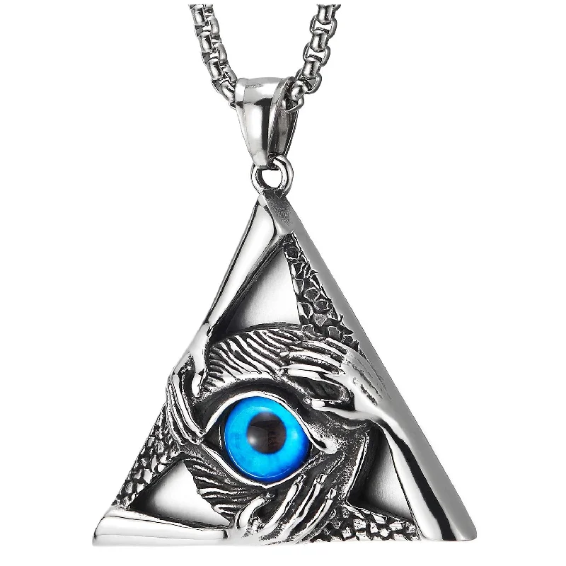 women bridal necklaces -Steel Vintage Evil Eye Protection Hands Triangle Pendant Necklace for Men Women 30 Inch Wheat Chain