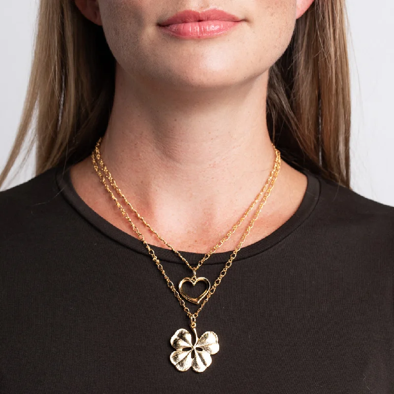 women casual necklaces -Heart and Clover Double Chain Pendant Necklace