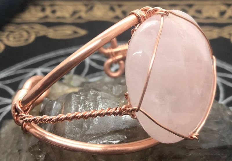 women heart-shaped bracelets -Rose Quartz Copper Bangle Bracelet