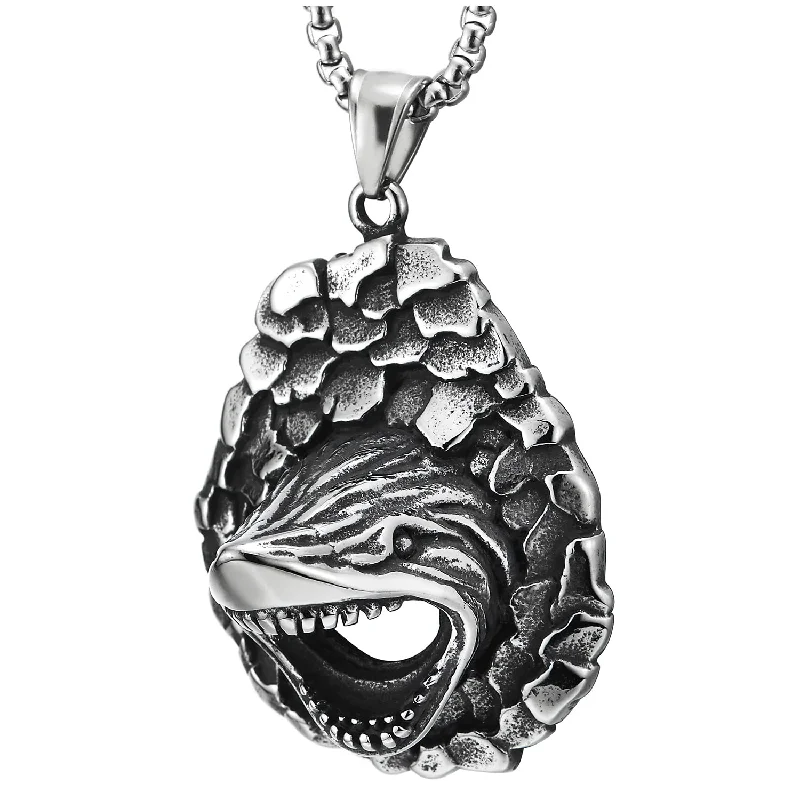 women vintage-style necklaces -Steel Mens Womens Vintage Scales Sharp Teeth Roaring Shark Head Pendant Necklace, 30 in Wheat Chain