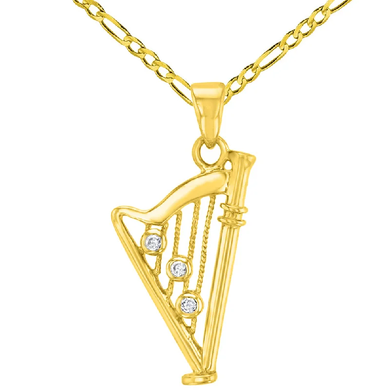 women flower pendant necklaces -Solid 14K Yellow Gold CZ Harp Charm Musical Instrument Pendant with Figaro Chain Necklace