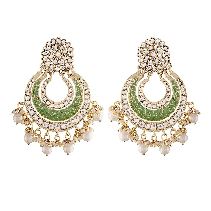 women custom engraved earrings -Etnico 18k Gold Plated Enamel/Meenakari Big Chandbali Earrings Glided With Kundan & Pearl for Women (E2860Min)