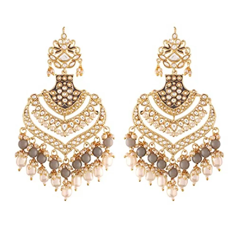 women gold earrings -Etnico Women's 18K Gold Plated Intricately Designed Traditional Long Earrings Enamel Glided with Kundans & Pearls (E2903) Grey