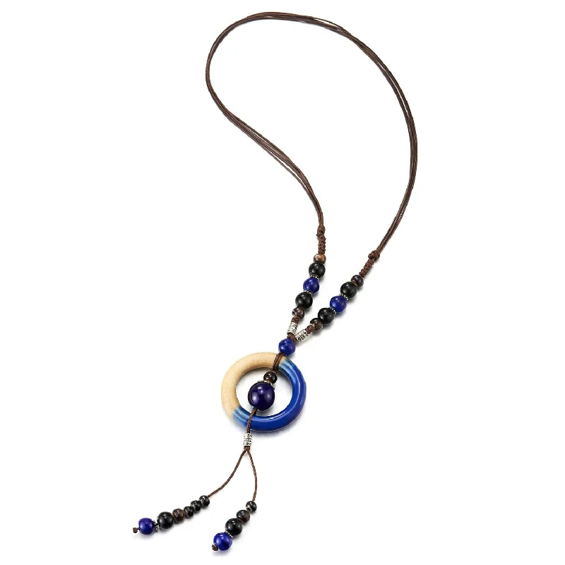 women trendy gold necklaces -Boho Ethnic Long Necklace Wood Beads Black Blue Gem Stone String with Circle Charm