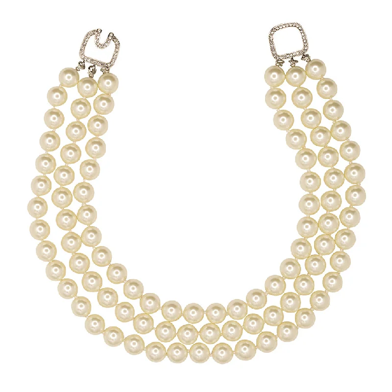 women stylish necklaces -3 Row Pearl Necklace With Silver Clasp