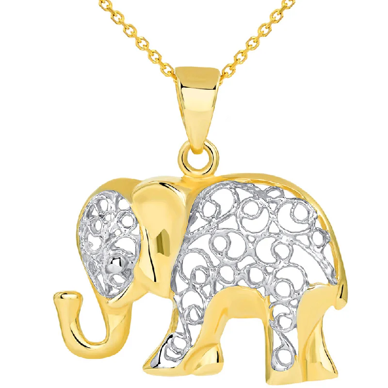 women choker necklaces -14k Yellow Gold Elegant Filigree Two Tone Elephant Pendant Necklace