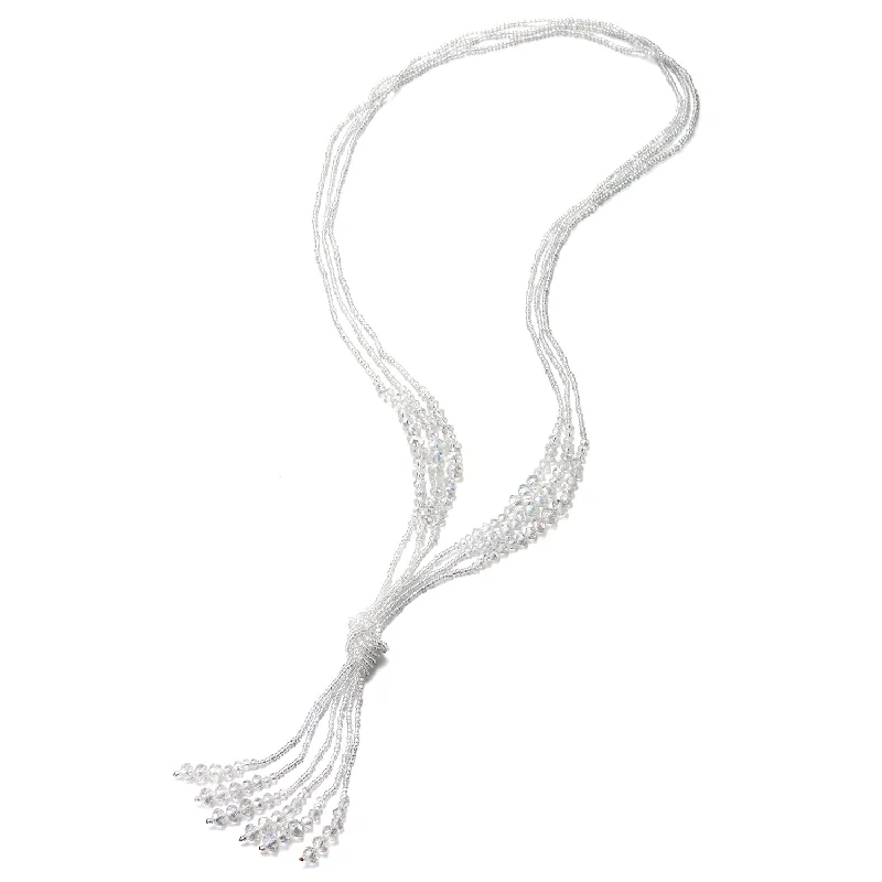 women star pendant necklaces -Boho Chic Lariat Necklace Tassel Pendant White Crystal Bead Three-Strand Long Chain Y-Shape